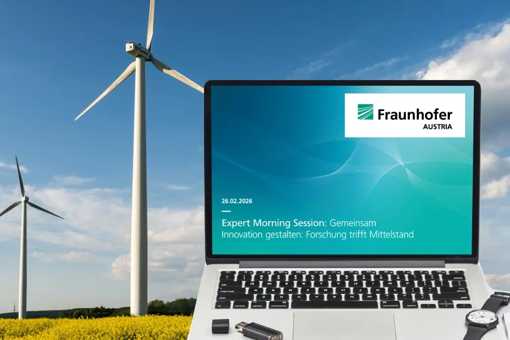 Laptop mit Fraunhofer Austria Expert Morning Session zu Forschung und Mittelstand