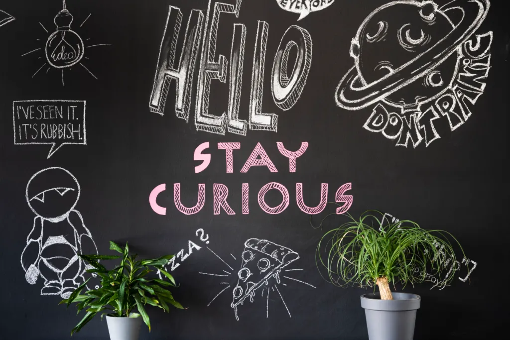 Stay-curious-Wandmotiv als Symbol für TypeScript Utility Types